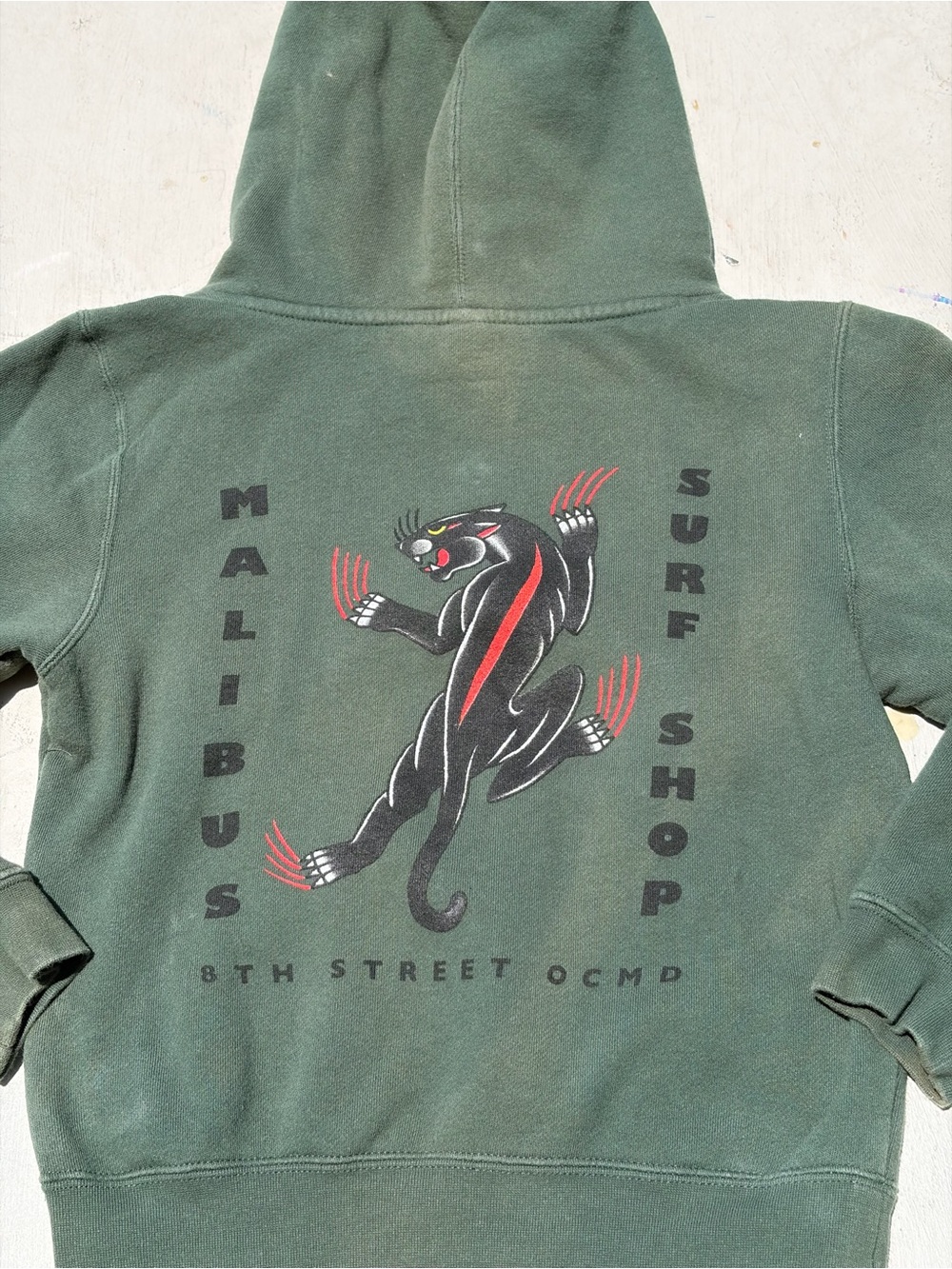 Kid's Malibu Surf Hoodie Sweatshirt Green Spell-Out L Pocket Beach CA FADED OCMD